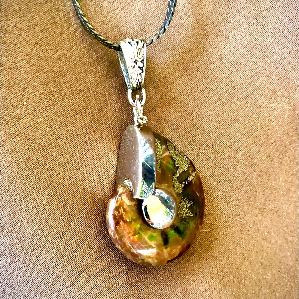 Natural Ammonite Fossil In Secure Stainless Steel Setting on a Black Steel Chain